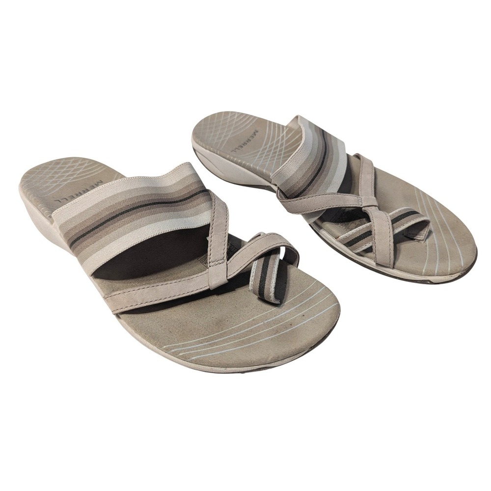 Merrell Womens Sz 8 Zinnia Aluminum Silver Lining Striped Toe Loop Slide Sandals